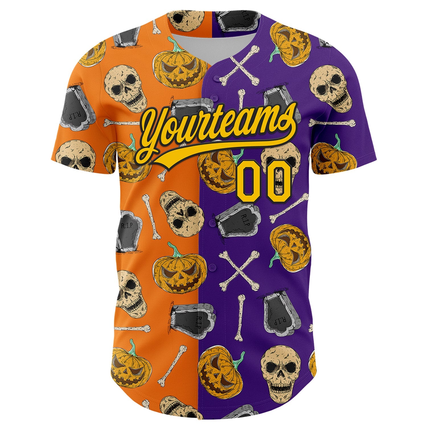 Custom Purple Yellow Bay Orange-Black 3D Pattern Halloween Skull Authentic Baseball Jersey view 2