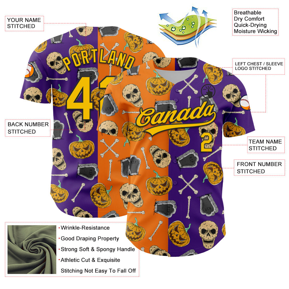 Custom Purple Yellow Bay Orange-Black 3D Pattern Halloween Skull Authentic Baseball Jersey view 3