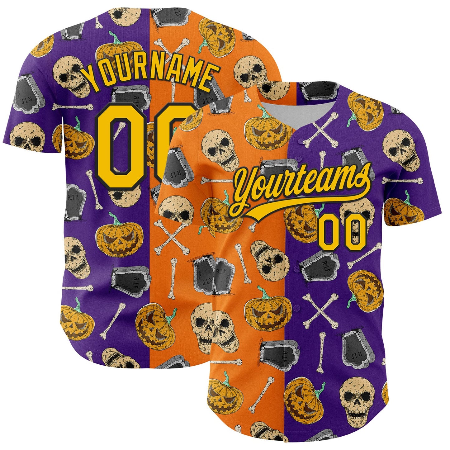 Custom Purple Yellow Bay Orange-Black 3D Pattern Halloween Skull Authentic Baseball Jersey - Main View