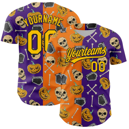 Custom Purple Yellow Bay Orange-Black 3D Pattern Halloween Skull Authentic Baseball Jersey - Main View