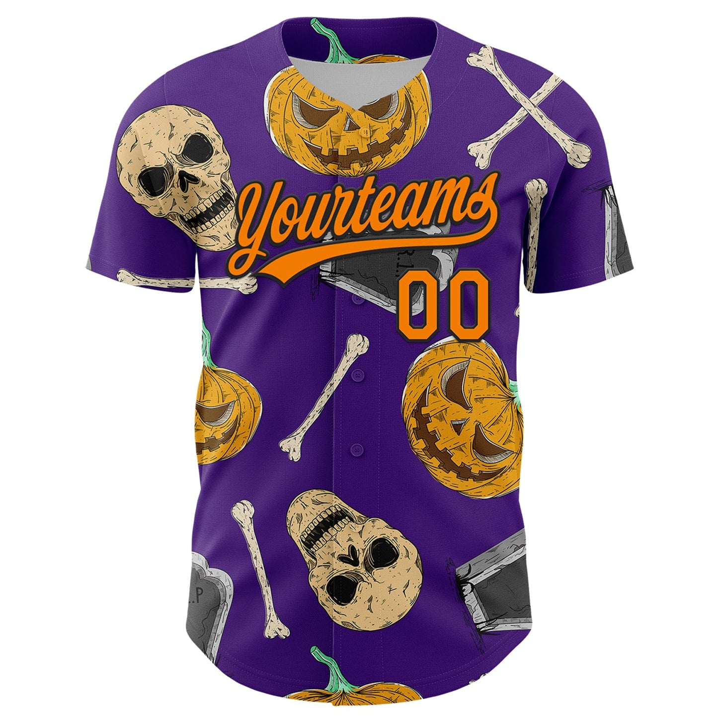 Custom Purple Bay Orange-Black 3D Pattern Halloween Skull Authentic Baseball Jersey view 2
