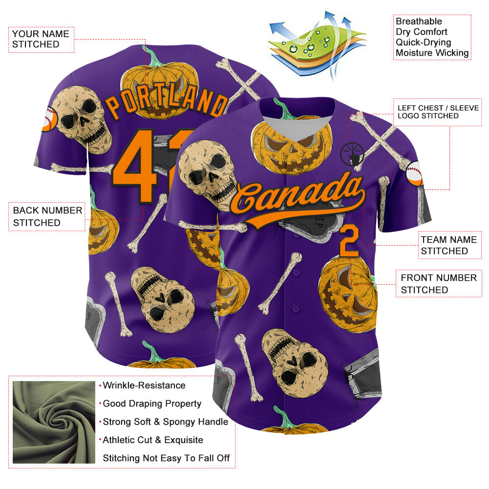 Custom Purple Bay Orange-Black 3D Pattern Halloween Skull Authentic Baseball Jersey view 3