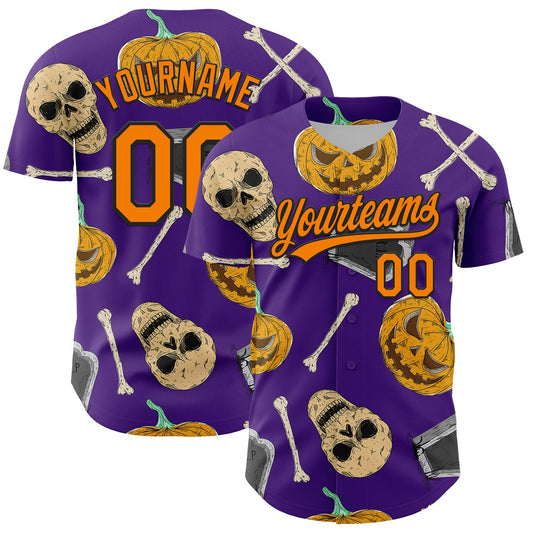 Custom Purple Bay Orange-Black 3D Pattern Halloween Skull Authentic Baseball Jersey - Main View