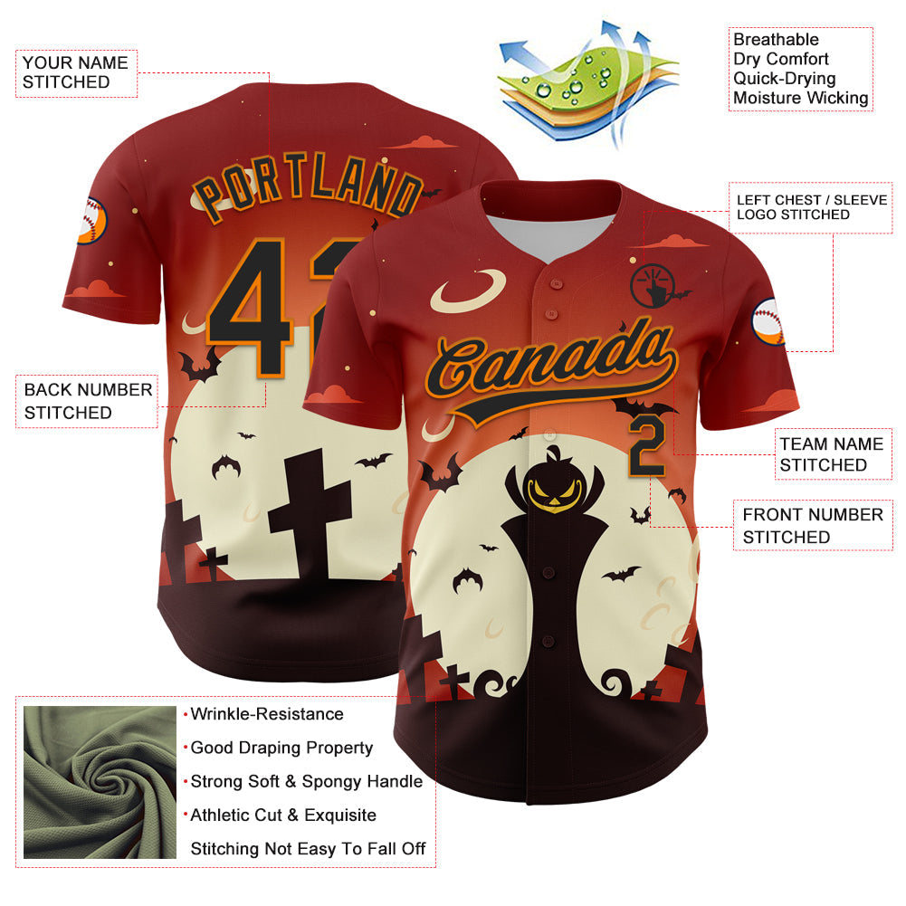 Custom Orange Black-Bay Orange 3D Pattern Halloween Authentic Baseball Jersey view 3