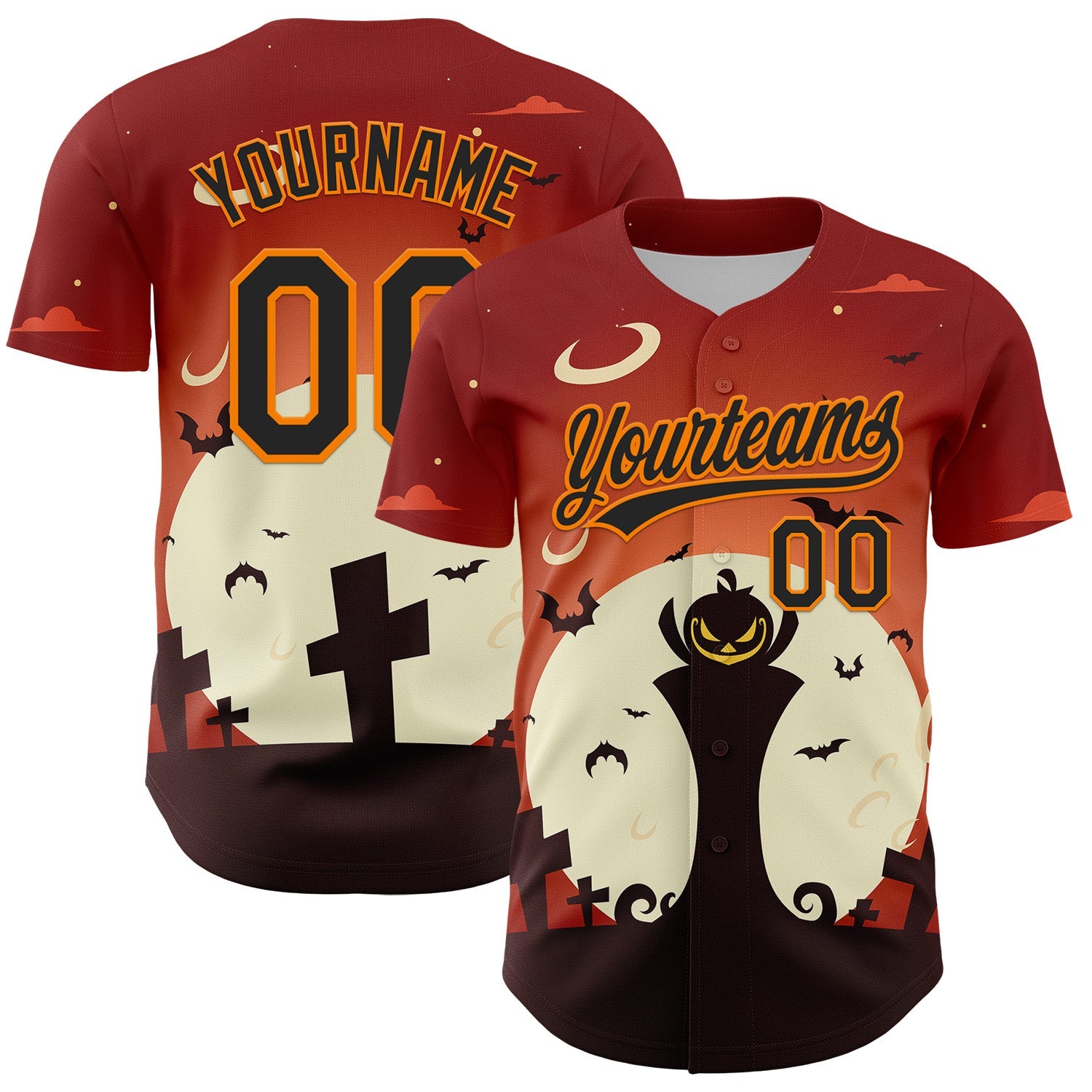 Custom Orange Black-Bay Orange 3D Pattern Halloween Authentic Baseball Jersey - Main View