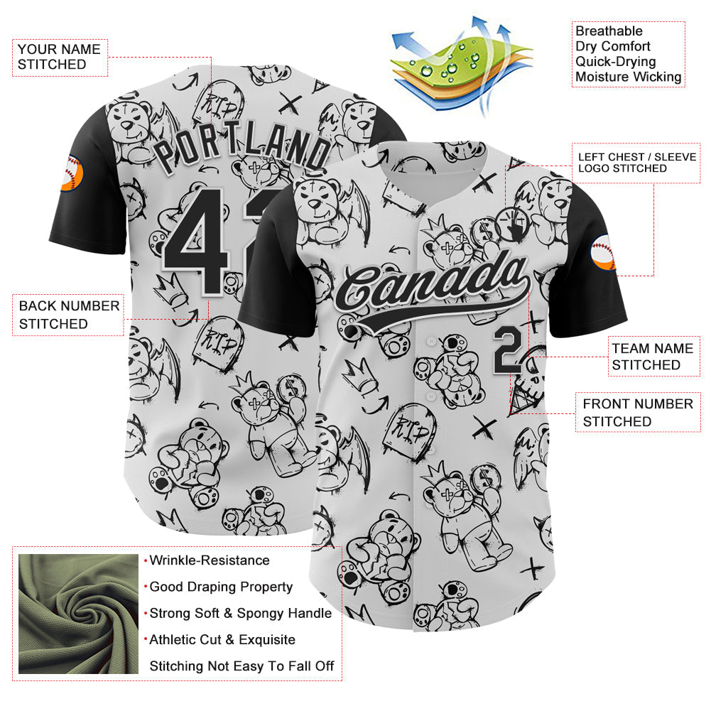 Custom White Black 3D Pattern Halloween Authentic Baseball Jersey view 3