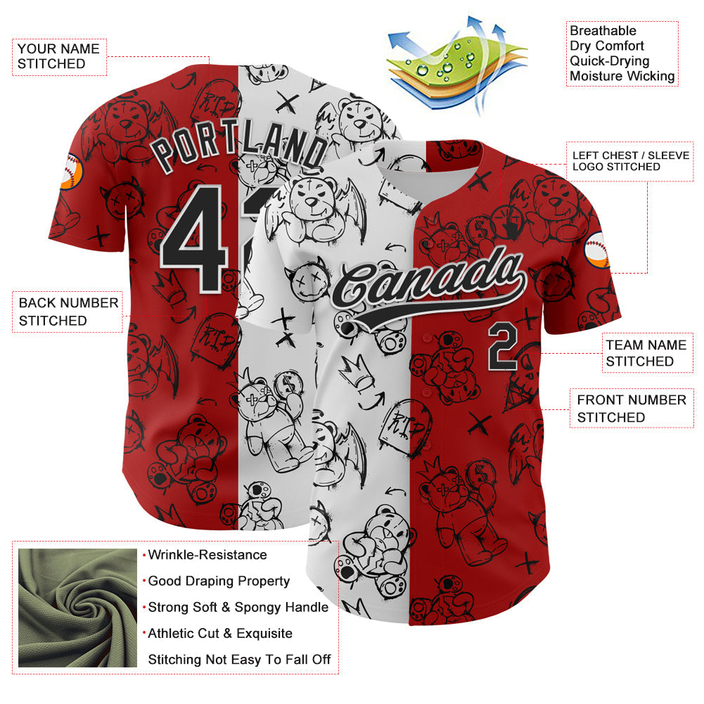 Custom Red Black-White 3D Pattern Halloween Authentic Baseball Jersey view 3