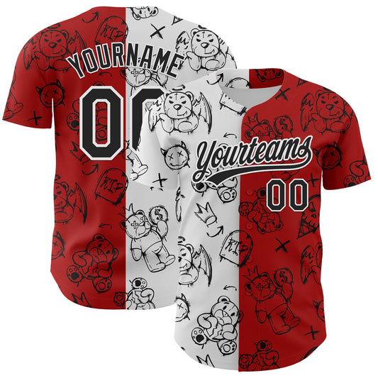 Custom Red Black-White 3D Pattern Halloween Authentic Baseball Jersey - Main View