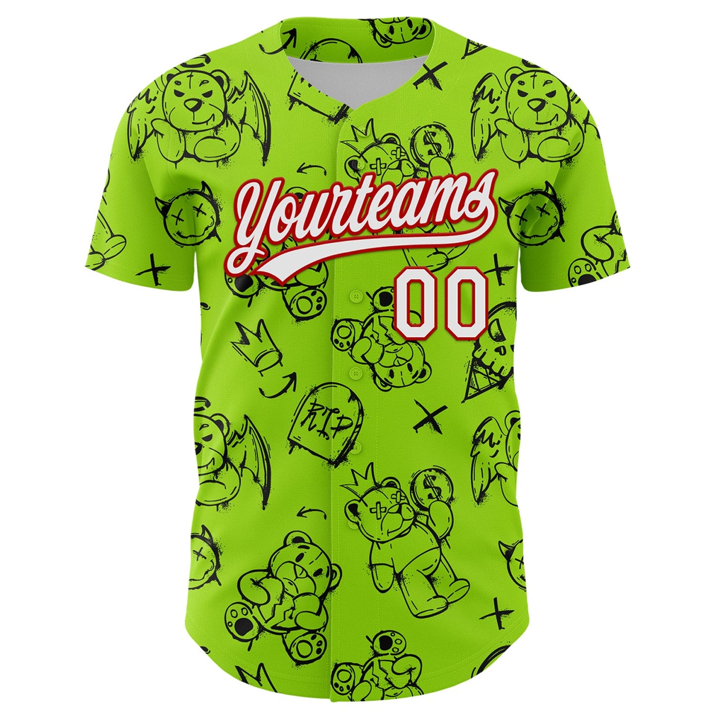 Custom Neon Green White-Red 3D Pattern Halloween Authentic Baseball Jersey view 2