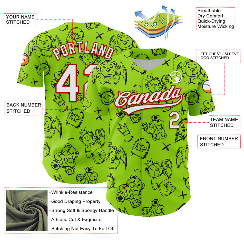 Custom Neon Green White-Red 3D Pattern Halloween Authentic Baseball Jersey view 3