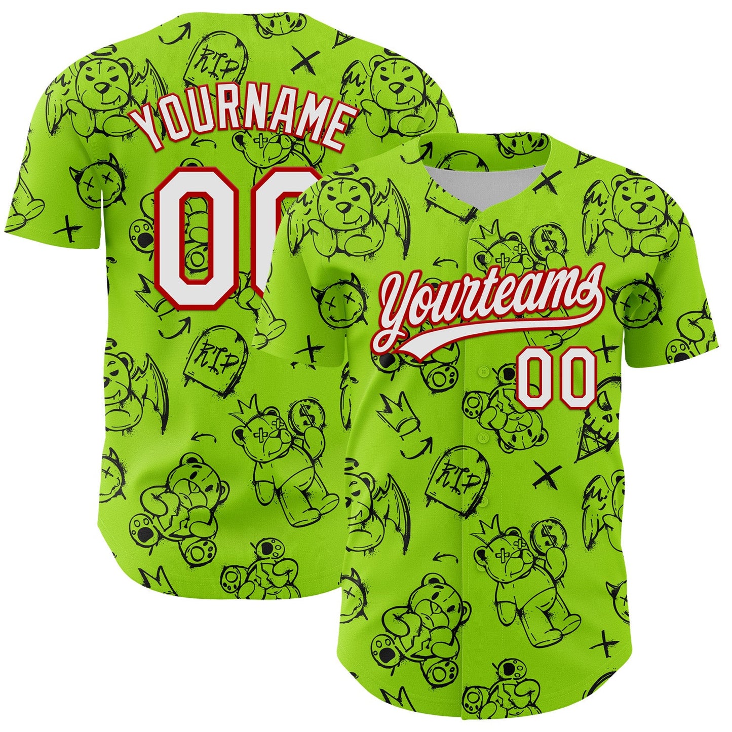 Custom Neon Green White-Red 3D Pattern Halloween Authentic Baseball Jersey - Main View