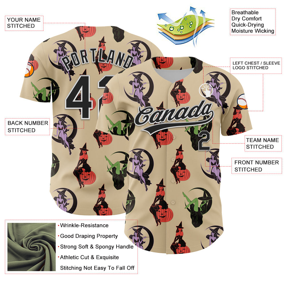 Custom City Cream Black-White 3D Pattern Halloween Authentic Baseball Jersey view 3