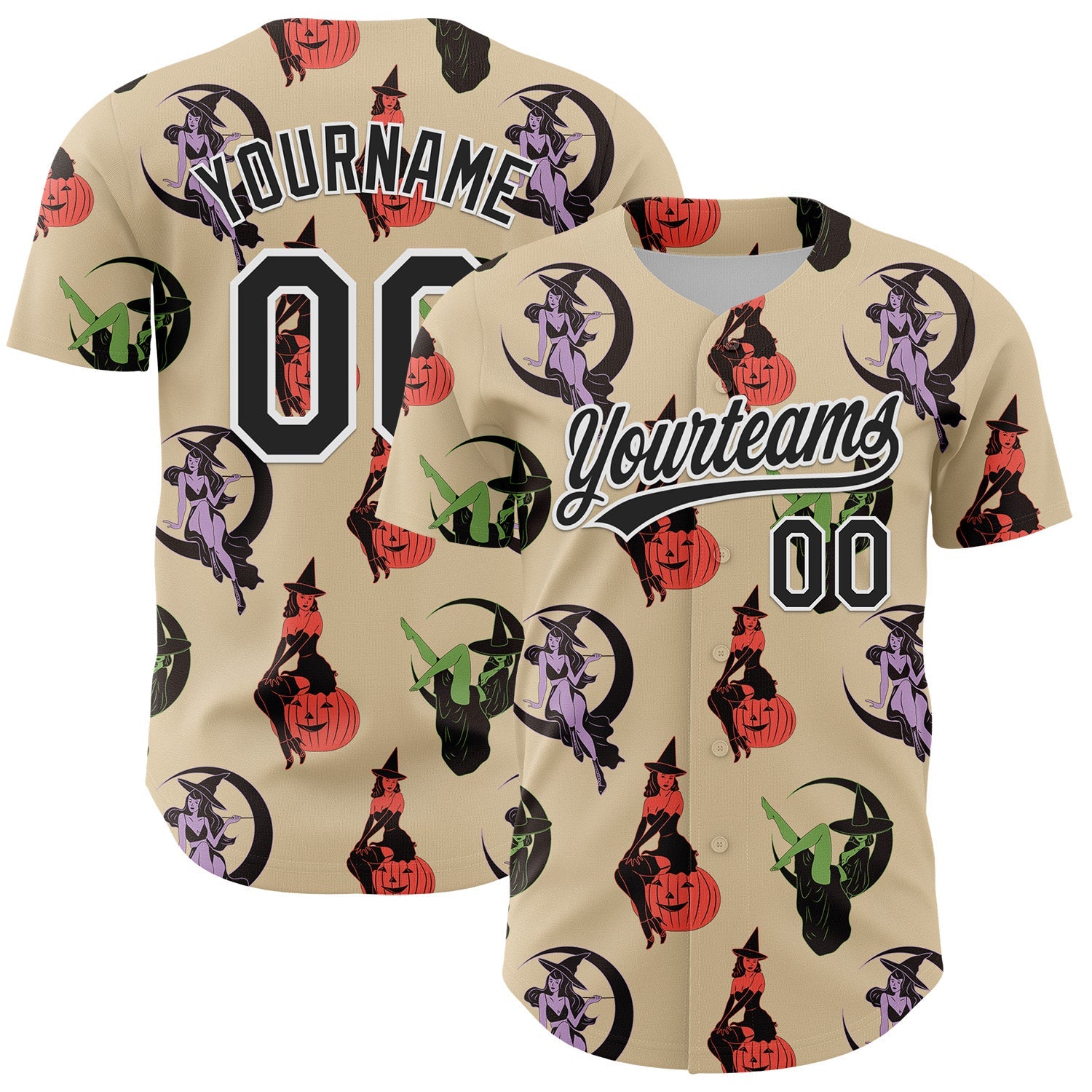 Custom City Cream Black-White 3D Pattern Halloween Authentic Baseball Jersey - Main View