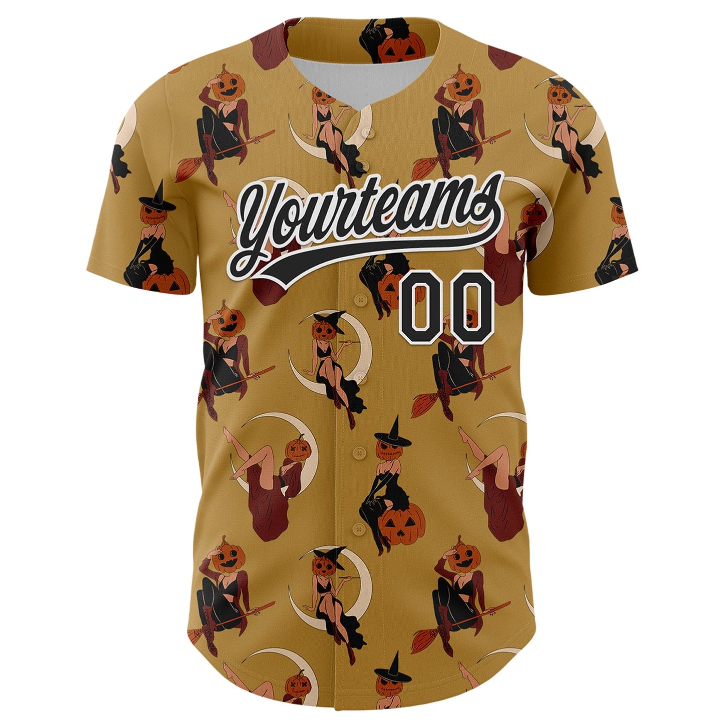Custom Old Gold Black-White 3D Pattern Halloween Authentic Baseball Jersey view 2