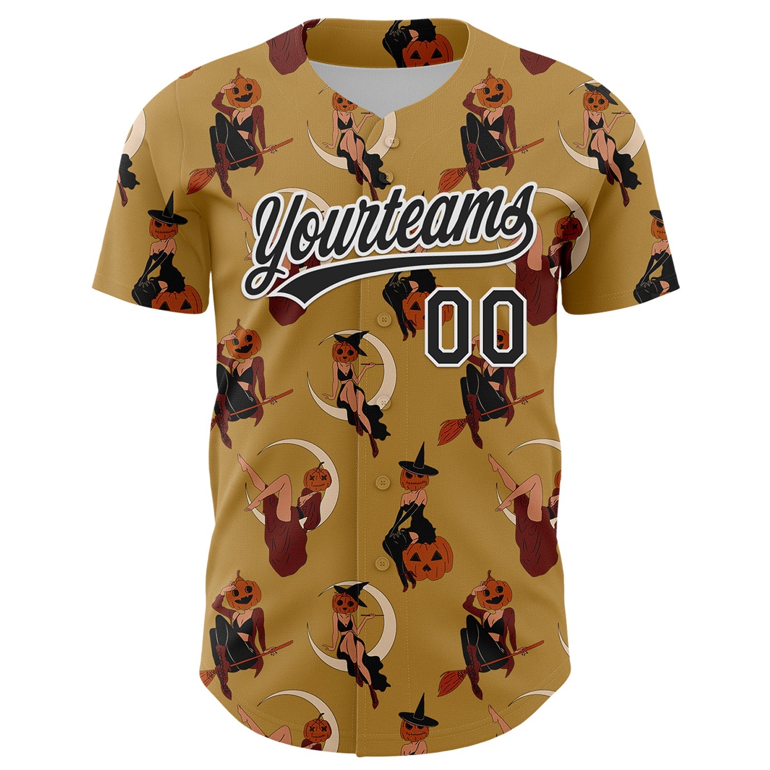 Custom Old Gold Black-White 3D Pattern Halloween Authentic Baseball Jersey view 2