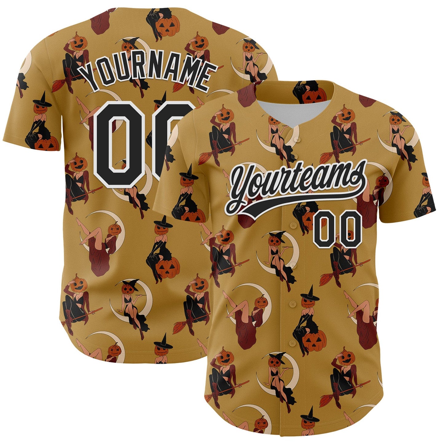 Custom Old Gold Black-White 3D Pattern Halloween Authentic Baseball Jersey - Main View