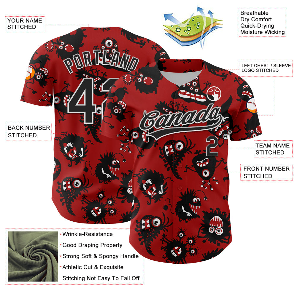 Custom Red Black-White 3D Pattern Halloween Authentic Baseball Jersey view 3