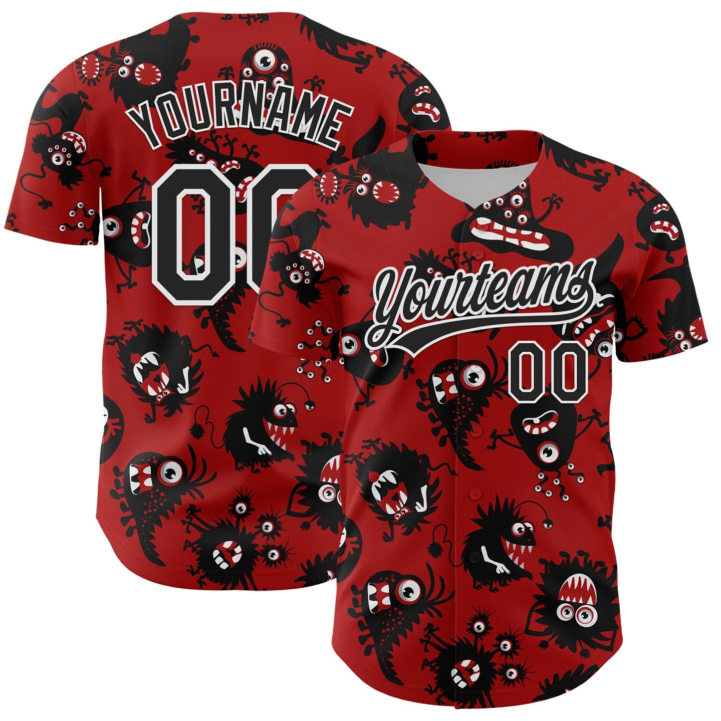 Custom Red Black-White 3D Pattern Halloween Authentic Baseball Jersey - Main View