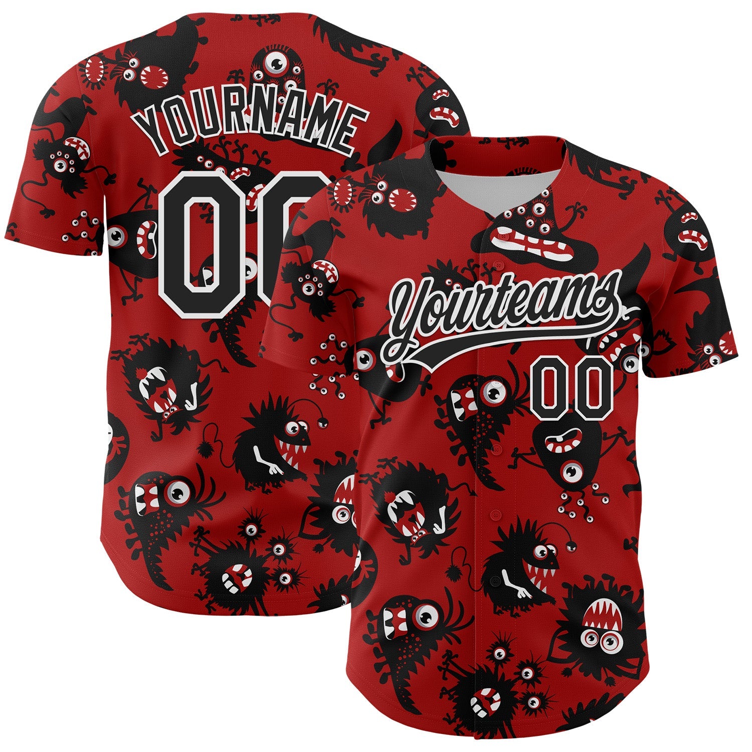 Custom Red Black-White 3D Pattern Halloween Authentic Baseball Jersey - Main View