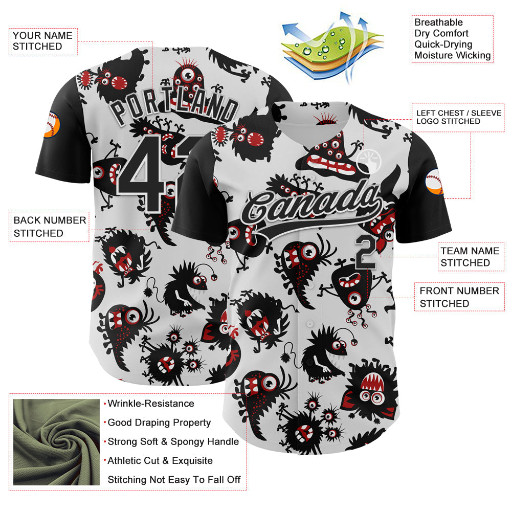 Custom White Black 3D Pattern Halloween Authentic Baseball Jersey view 3
