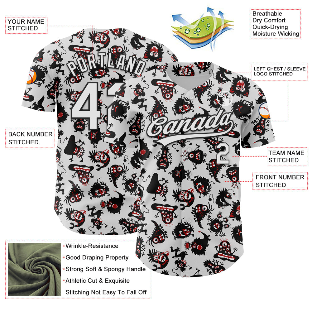 Custom White Black 3D Pattern Halloween Authentic Baseball Jersey view 3