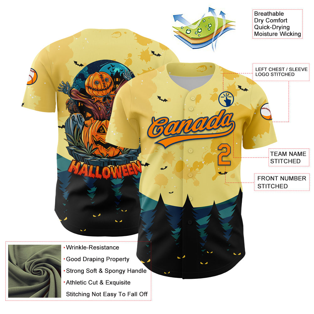 Custom Light Yellow Bay Orange-US Navy Blue 3D Pattern Halloween Authentic Baseball Jersey view 3