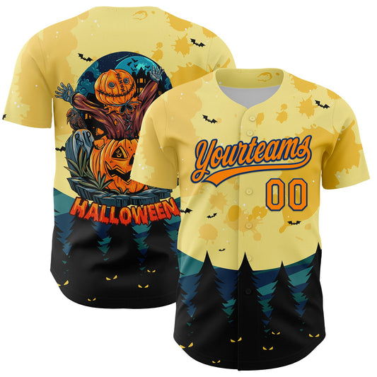 Custom Light Yellow Bay Orange-US Navy Blue 3D Pattern Halloween Authentic Baseball Jersey - Main View