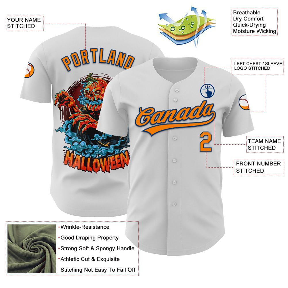 Custom White Bay Orange-US Navy Blue 3D Pattern Halloween Authentic Baseball Jersey view 3
