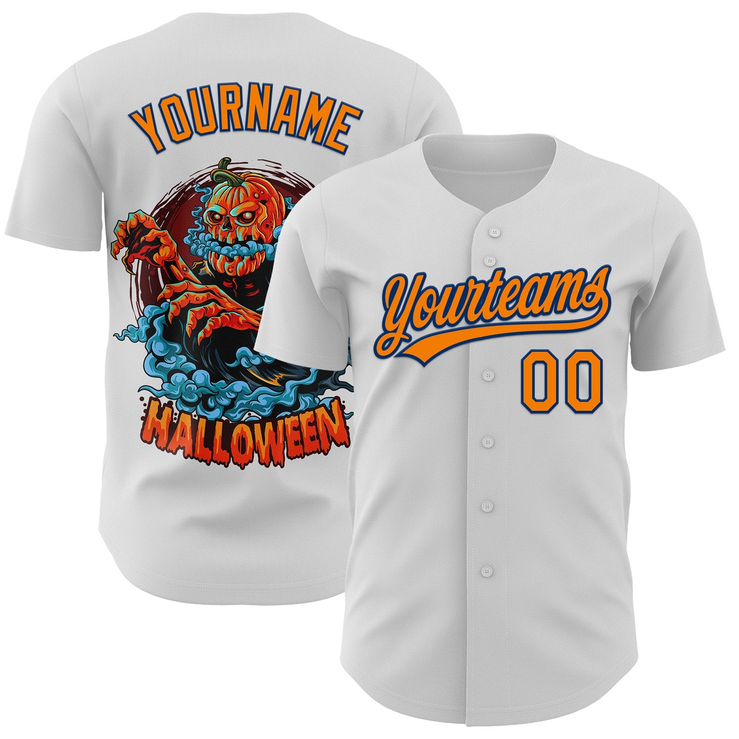 Custom White Bay Orange-US Navy Blue 3D Pattern Halloween Authentic Baseball Jersey - Main View