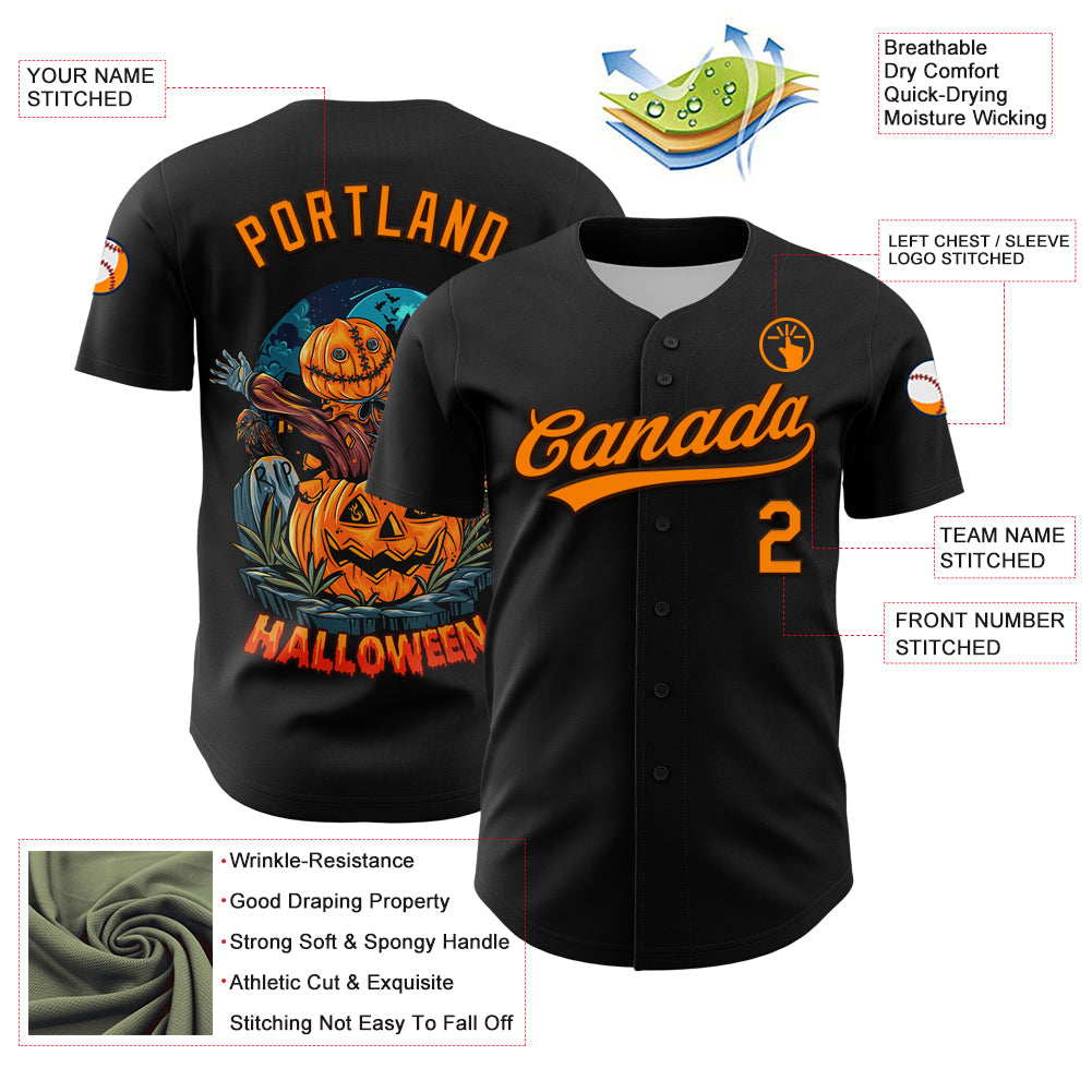 Custom Black Bay Orange-Brown 3D Pattern Halloween Authentic Baseball Jersey view 3