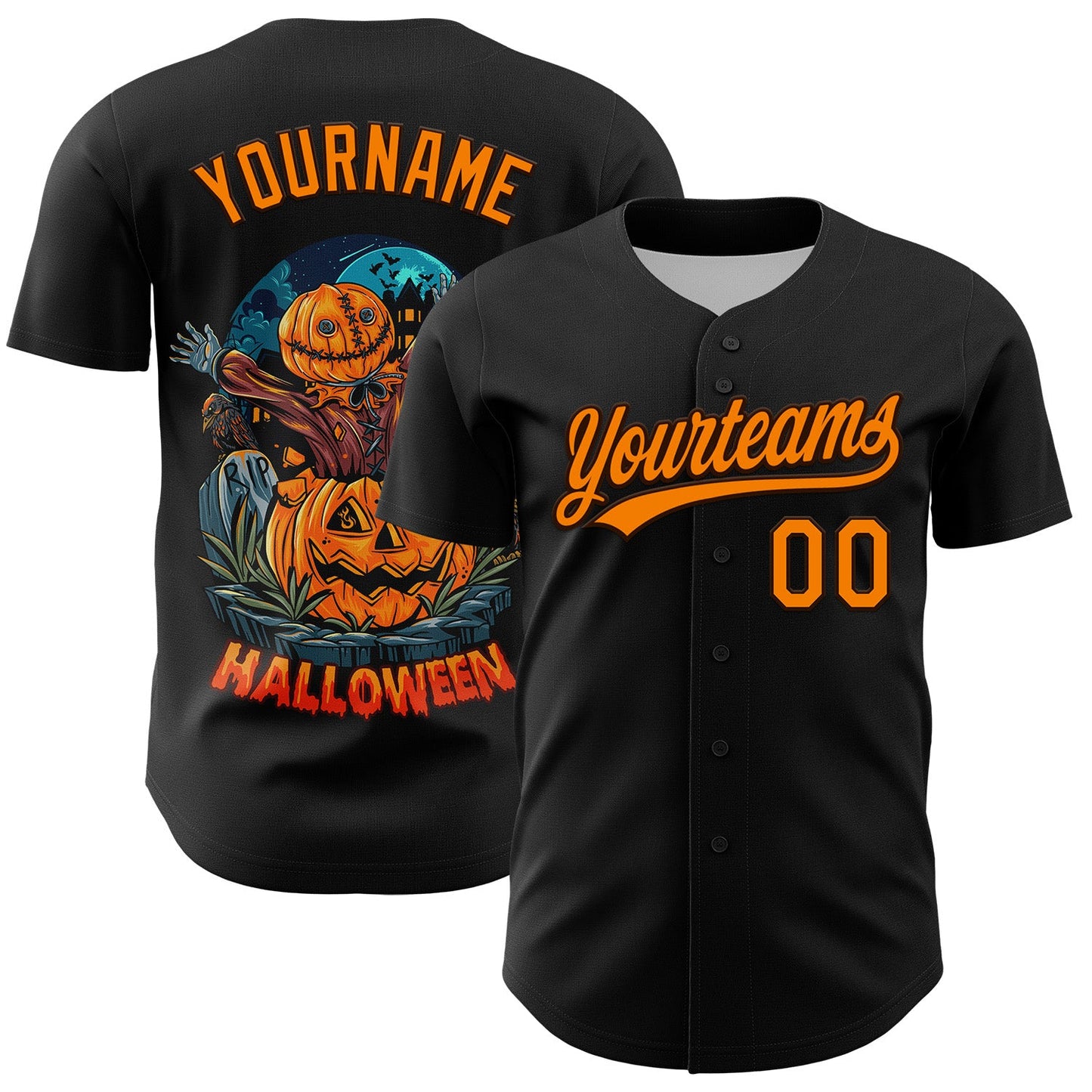Custom Black Bay Orange-Brown 3D Pattern Halloween Authentic Baseball Jersey - Main View