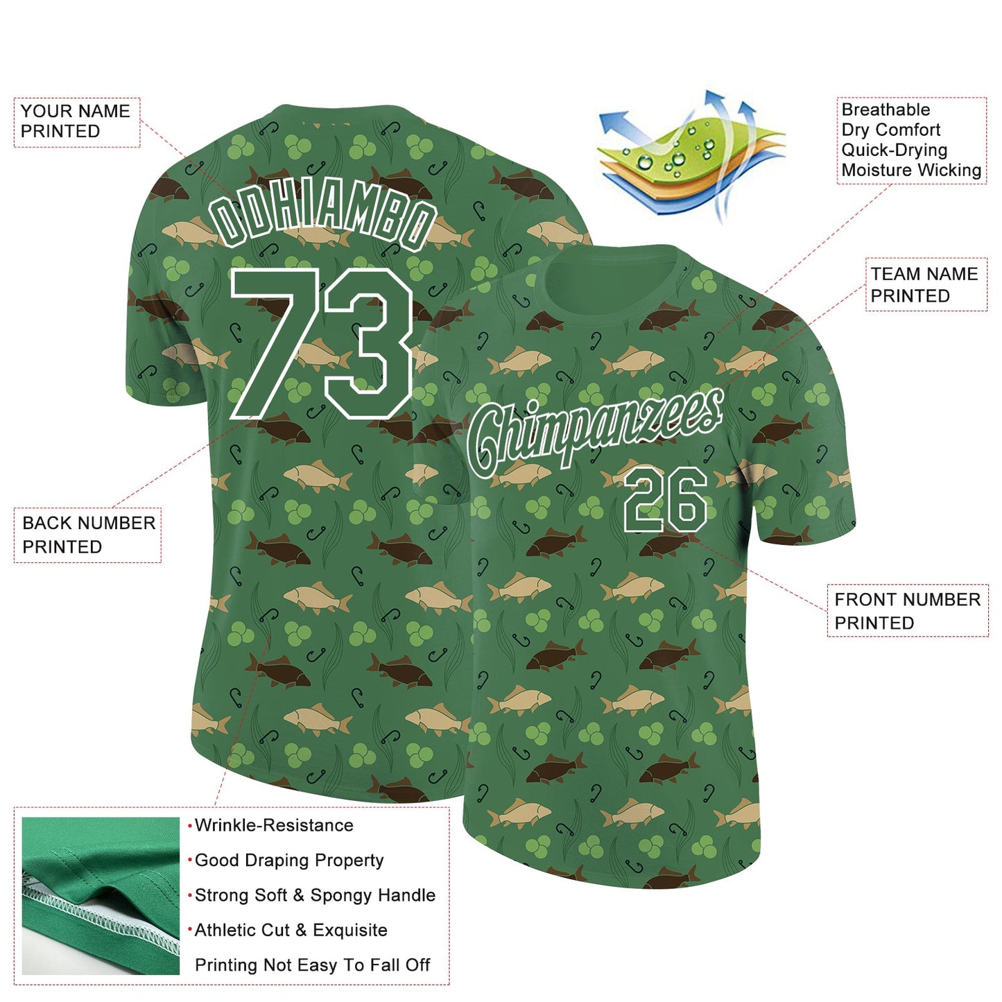 Custom Kelly Green White 3D Pattern Design Fishing Fish Hook Performance T-Shirt view 3