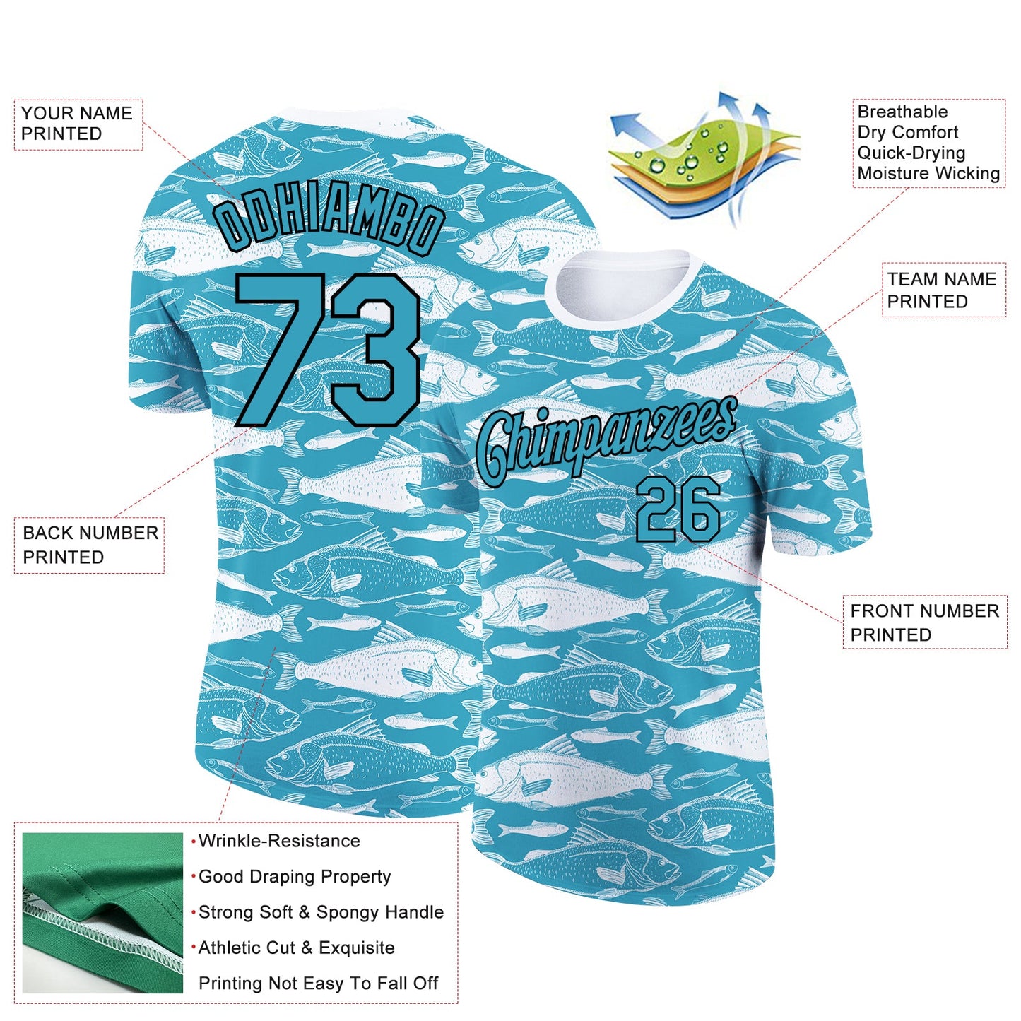 Custom Panther Blue Black-White 3D Pattern Design Fish Performance T-Shirt view 3