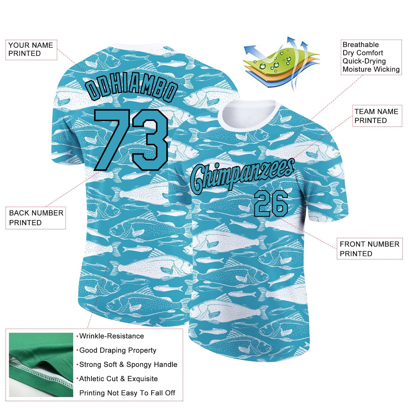 Custom Panther Blue Black-White 3D Pattern Design Fish Performance T-Shirt view 3