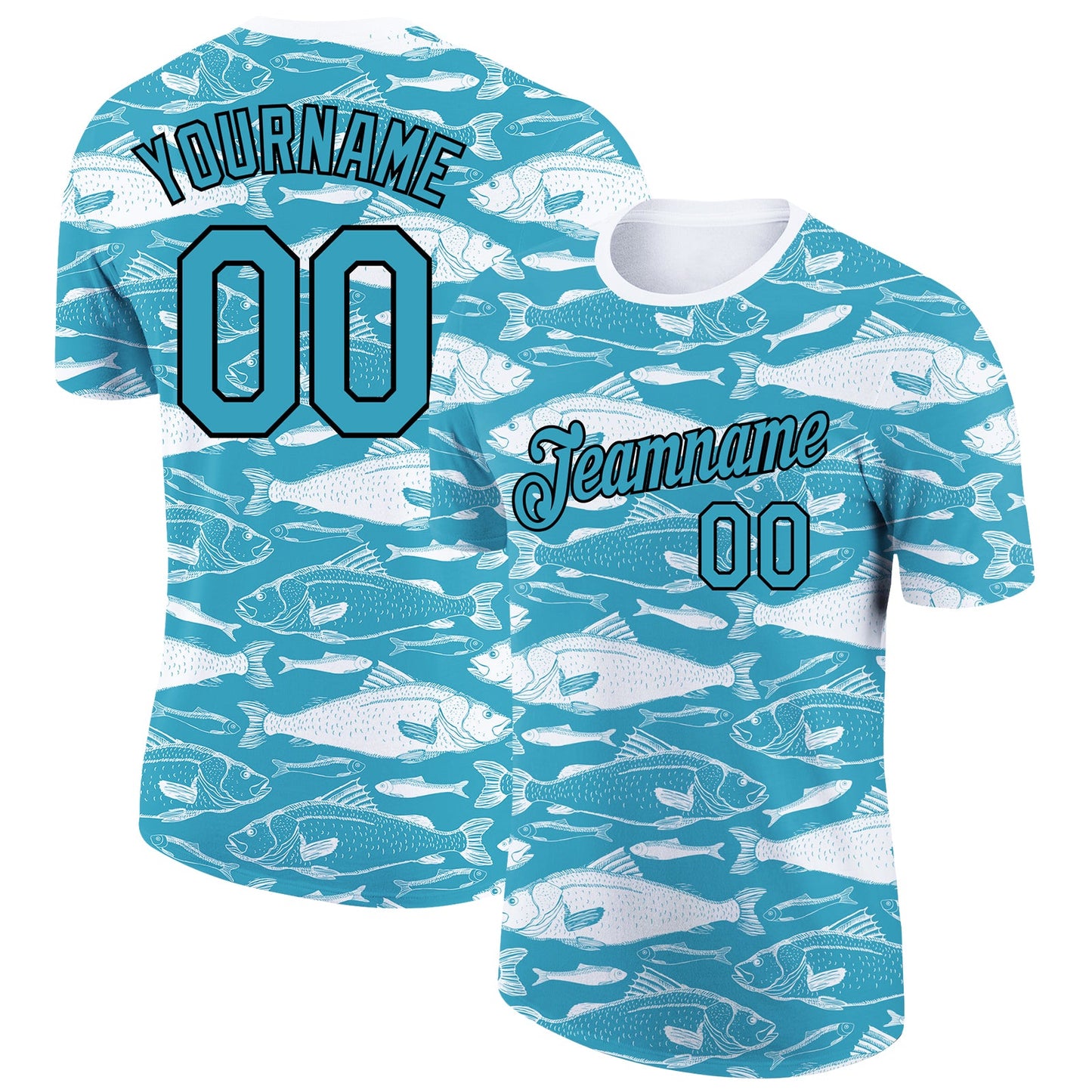 Custom Panther Blue Black-White 3D Pattern Design Fish Performance T-Shirt - Main View