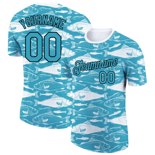 Custom Panther Blue Black-White 3D Pattern Design Fish Performance T-Shirt - Main View