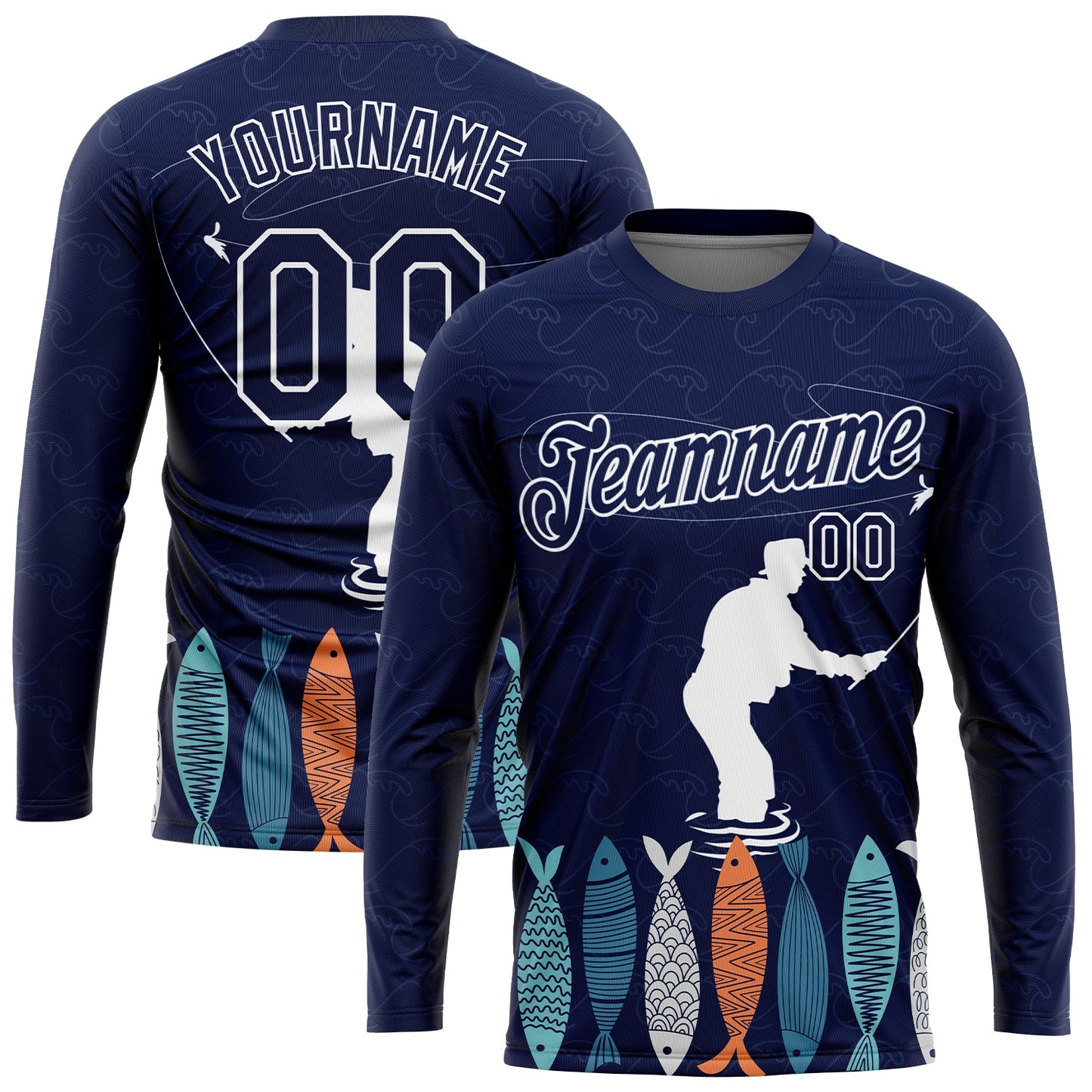 Custom Navy White 3D Pattern Design Fishing Performance T-Shirt view 2
