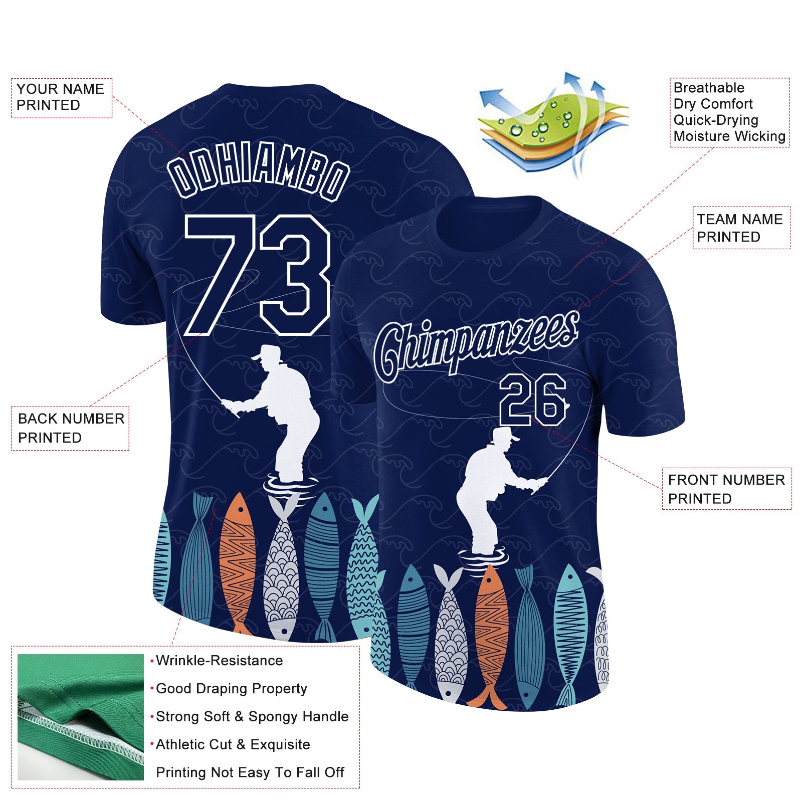 Custom Navy White 3D Pattern Design Fishing Performance T-Shirt view 3