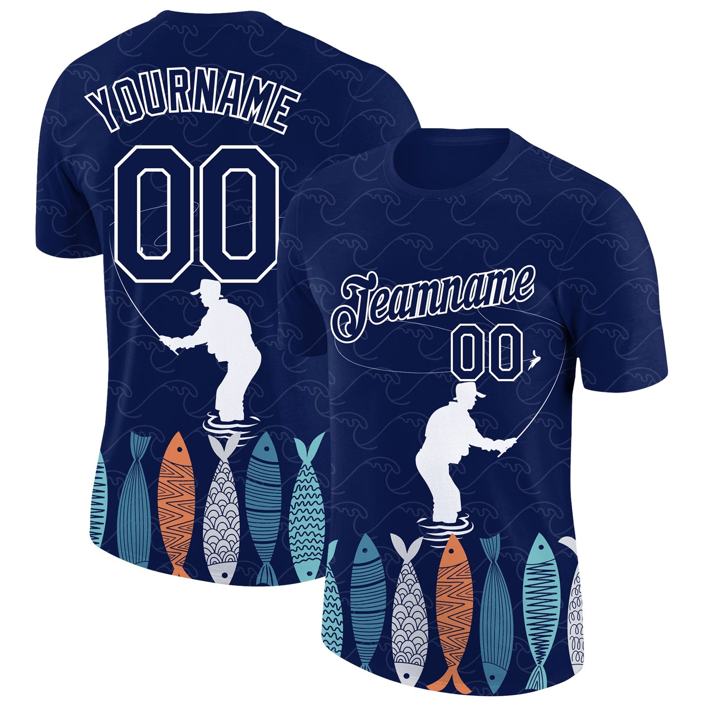 Custom Navy White 3D Pattern Design Fishing Performance T-Shirt - Main View
