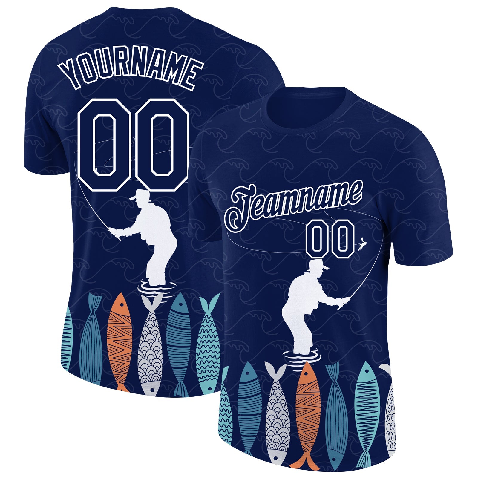 Custom Navy White 3D Pattern Design Fishing Performance T-Shirt - Main View