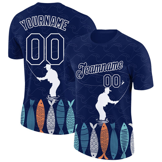 Custom Navy White 3D Pattern Design Fishing Performance T-Shirt - Main View