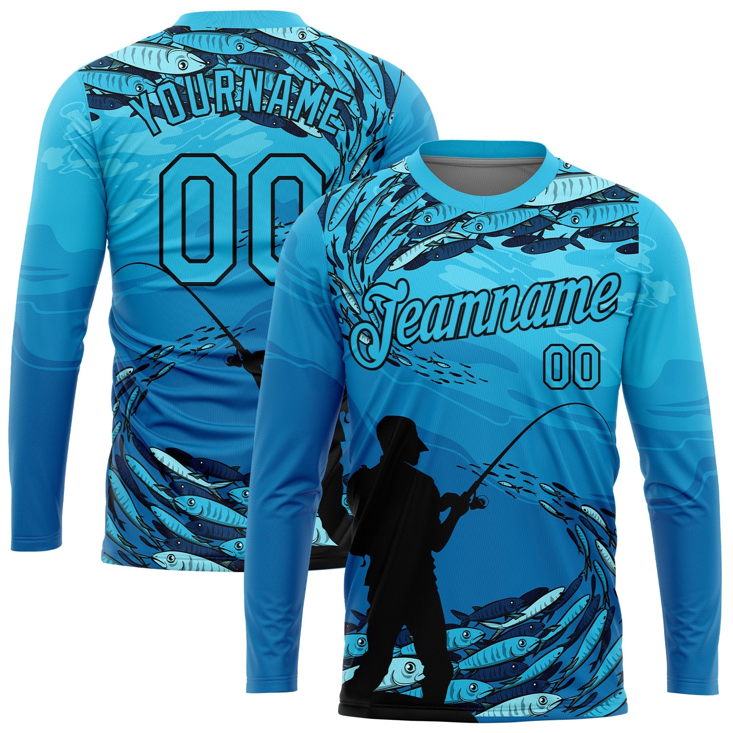 Custom Sky Blue Black 3D Pattern Design Fishing Performance T-Shirt view 2