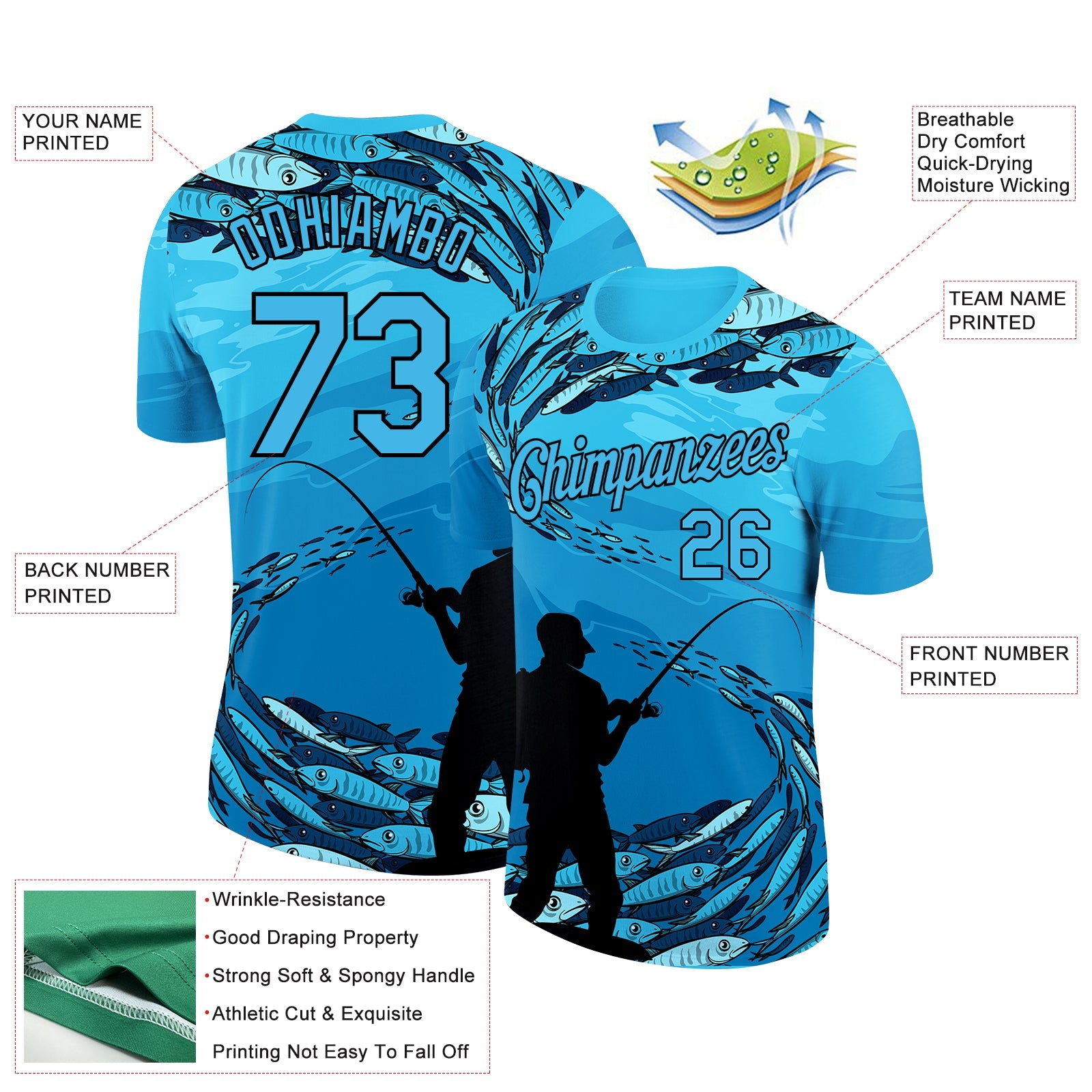 Custom Sky Blue Black 3D Pattern Design Fishing Performance T-Shirt view 3