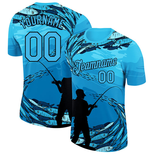 Custom Sky Blue Black 3D Pattern Design Fishing Performance T-Shirt - Main View