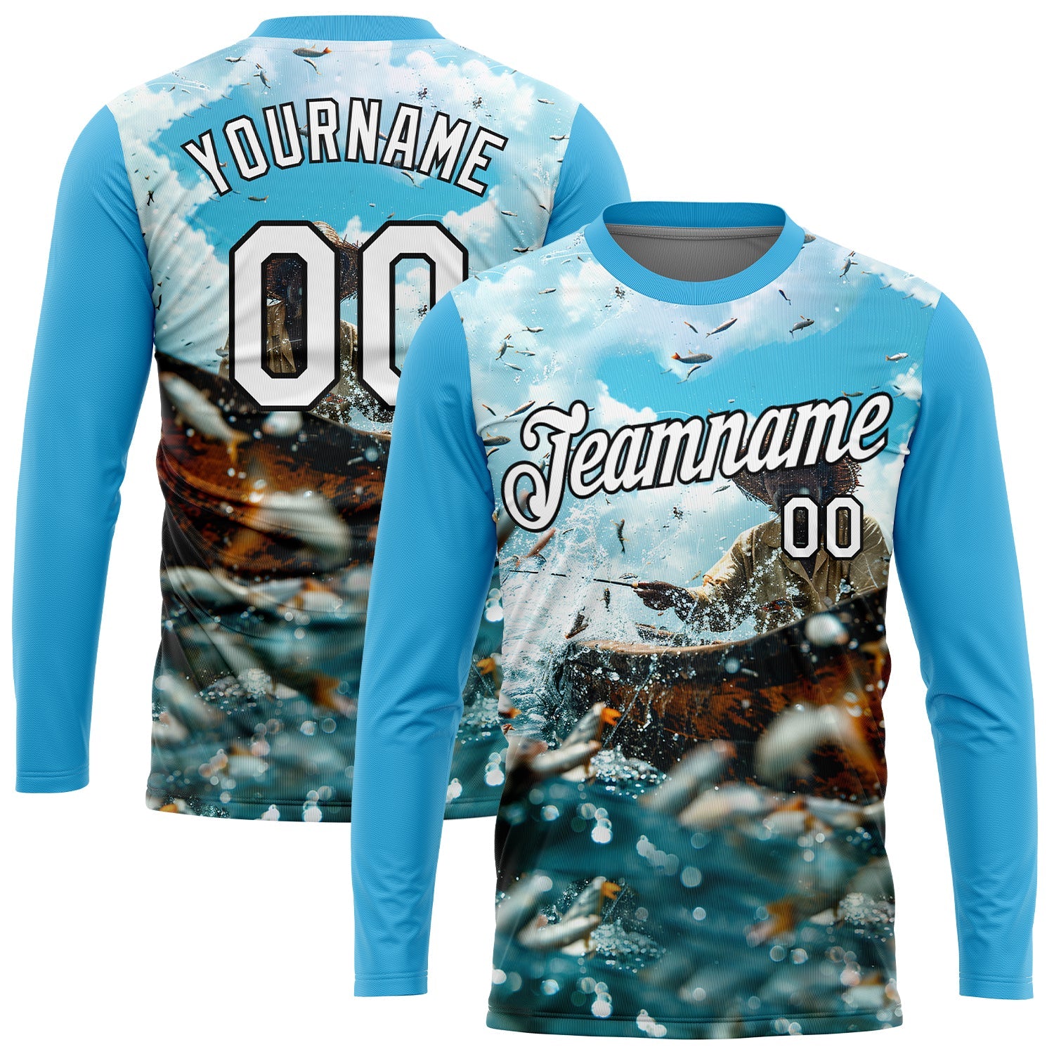 Custom Sky Blue White-Black 3D Pattern Design Fisherman Catching Fish Performance T-Shirt view 2