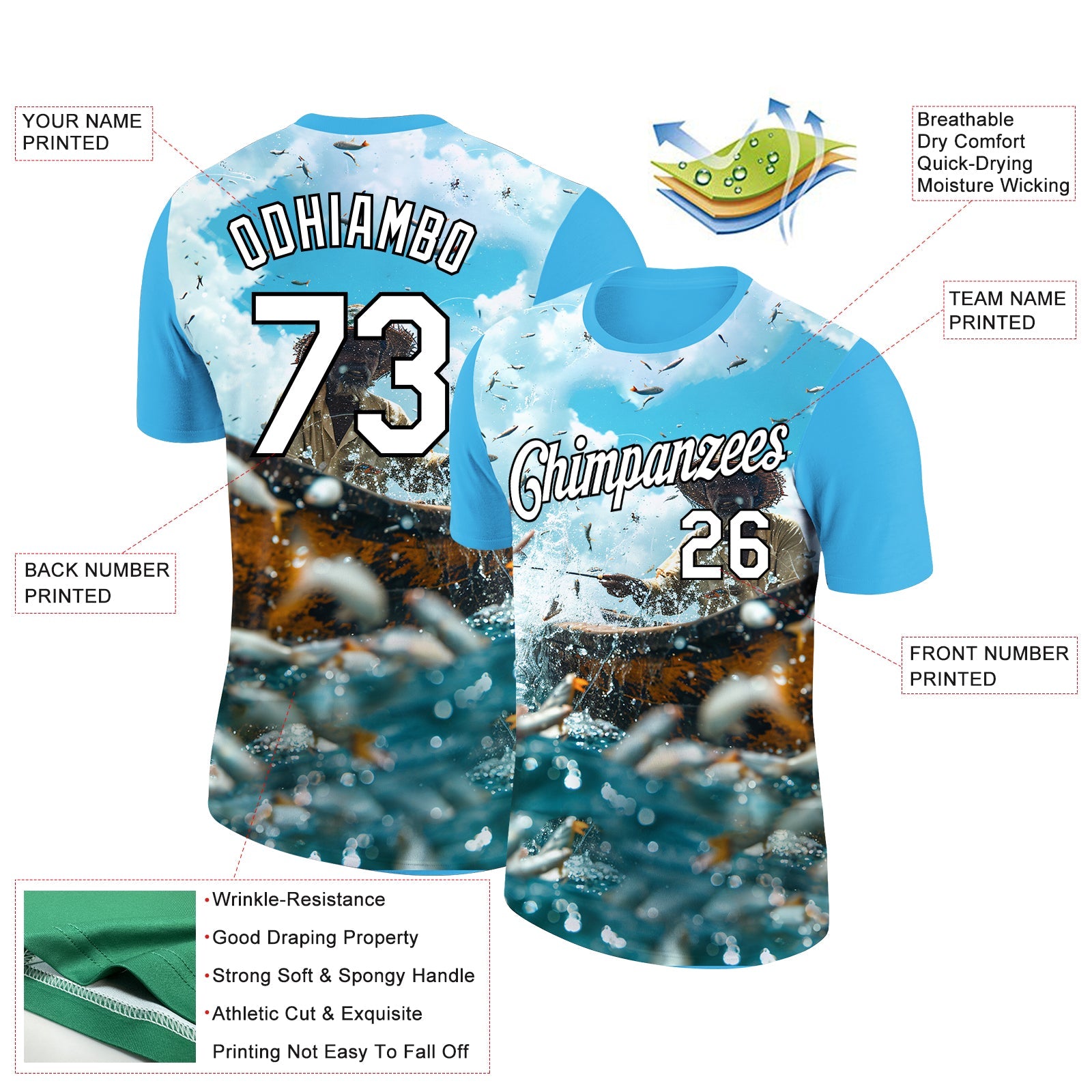 Custom Sky Blue White-Black 3D Pattern Design Fisherman Catching Fish Performance T-Shirt view 3