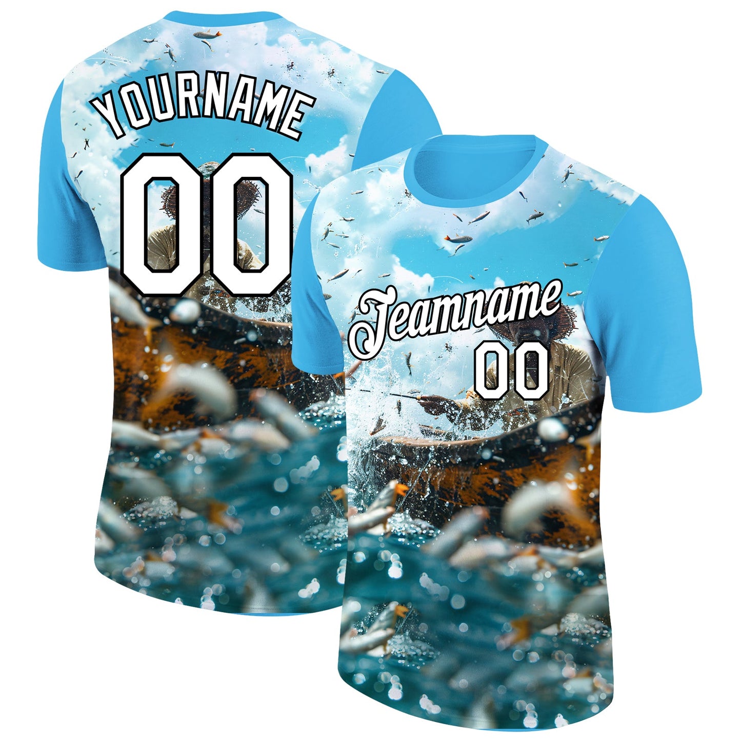 Custom Sky Blue White-Black 3D Pattern Design Fisherman Catching Fish Performance T-Shirt - Main View