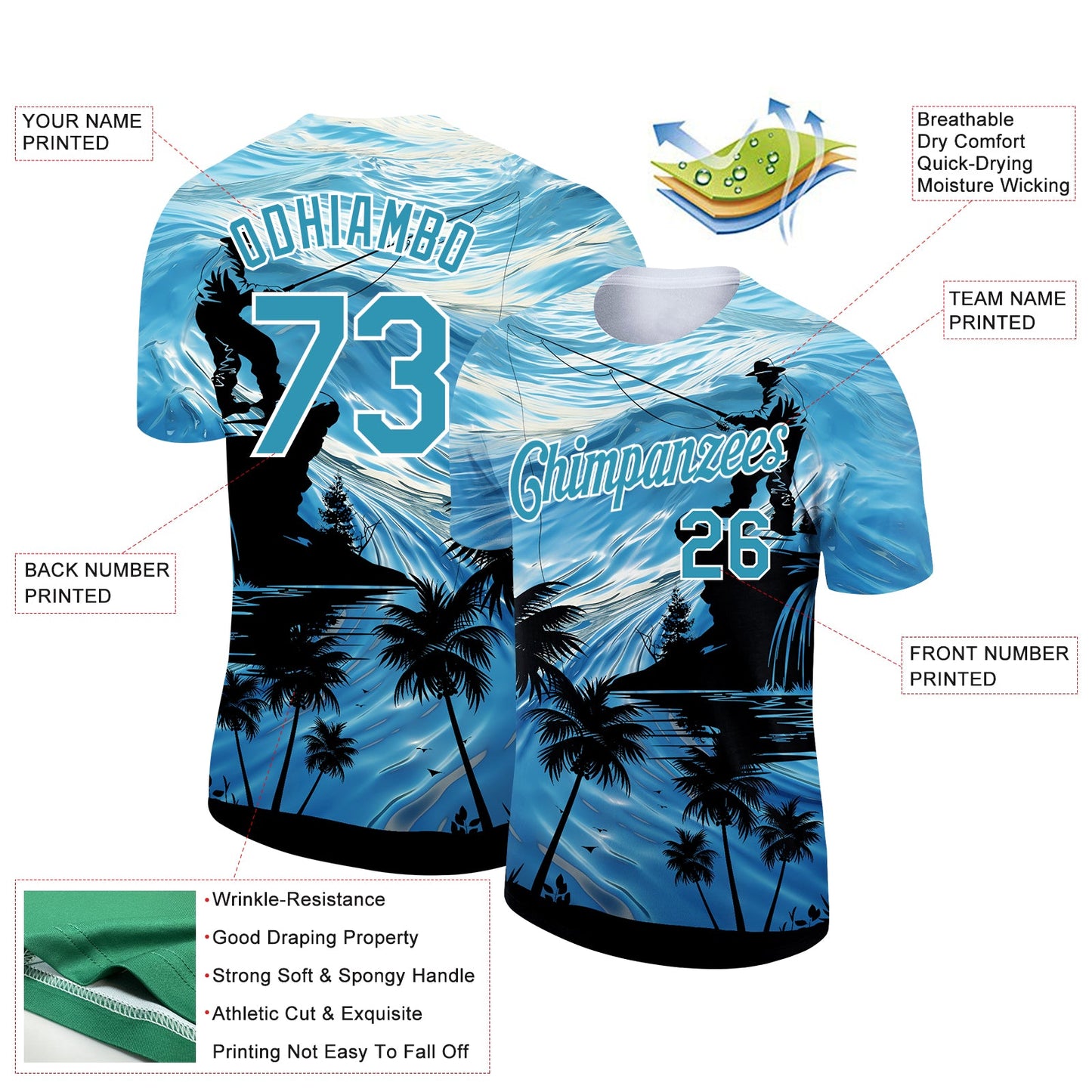 Custom Powder Blue Panther Blue-White 3D Pattern Design Fishing Performance T-Shirt view 3