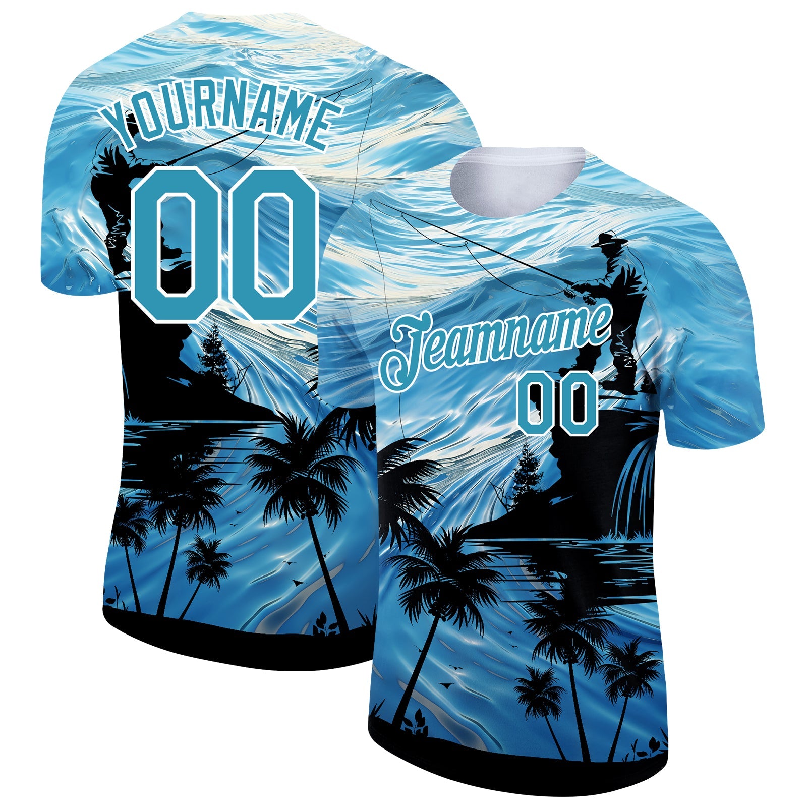 Custom Powder Blue Panther Blue-White 3D Pattern Design Fishing Performance T-Shirt - Main View