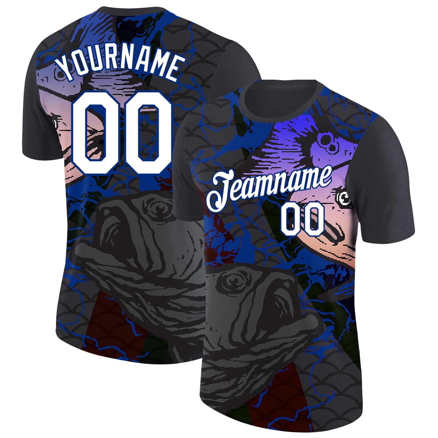 Custom Black White-Royal 3D Pattern Design Fish Performance T-Shirt - Main View
